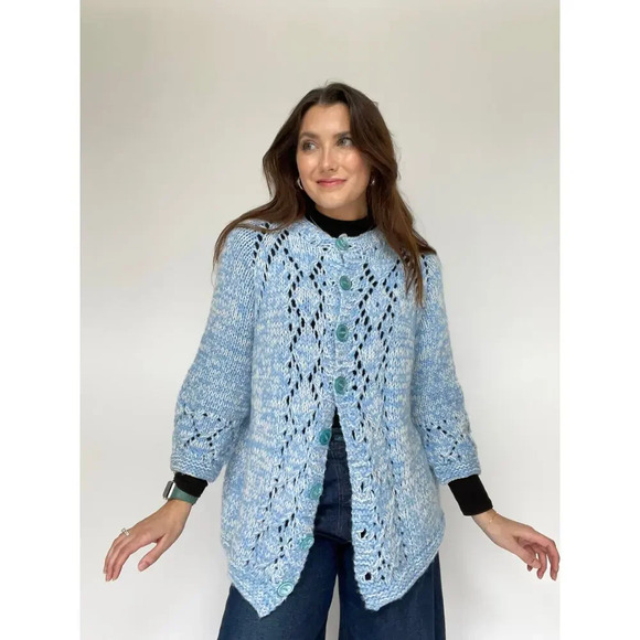 Blue and White Hand Knit Cardigan - Size Large - Picture 1 of 10